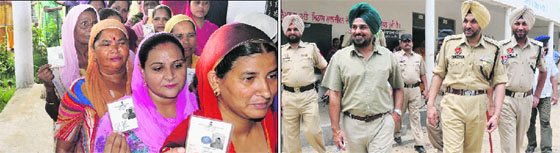 Women voters stand in a queue to cast their vote at Dhaun village; and (right) Deputy Commissioner Tejinderpal Singh Sidhu and SSP GPS Bhullar take a round of an election booth in Mohali on Wednesday.