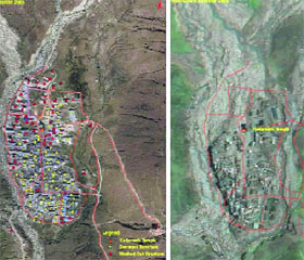 A satellite image from the Uttaranchal Space Application Centre shows Kedarnath valley before the floods (left) and the damage and change in the terrain after the disaster (right)