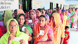 A large turnout of female voters for the panchayat elections at Puranpur village near Jalandhar on Wednesday