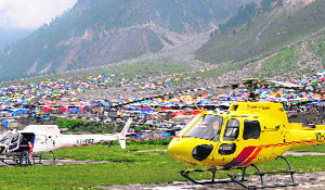 Helicopters wait for Amarnath pilgrims at the Baltal Base camp. This year, the Amarnath Shrine Board has permitted private helicopter service providers to carry pilgrims from Baltal to the holy cave.