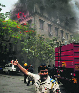 A fire at the Government Estate Exchange Building at Ballard Pier in South Mumbai on Wednesday.