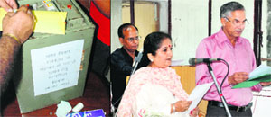 Councillor Lily Bawa takes oath at the Mini-Secretariat in Panchkula on Thursday. 