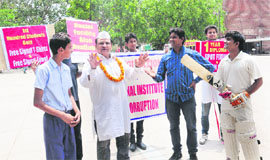Artistes of Samarpit Rangmanch stage a play at Sector 17 in Chandigarh on Thursday.