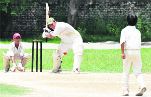 A cricket match in progress between Satluj Public School and Mount Carmel School at Guru Nanak Public School in Sector 36, Chandigarh, on Thursday.