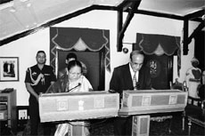 Urmila Singh, Governor, administers the oath to KS Tomar as Chairman HP Public Service Commission in Shimla on Thursday. 