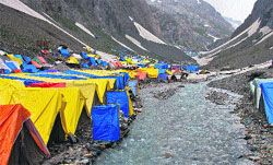 Tents pitched for pilgrims in the Amarnath cave shrine area. Tribune photo: Yawar Kabli