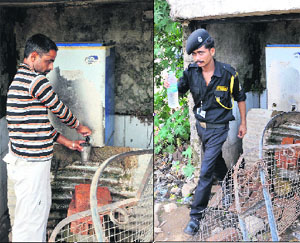 Despite the filthy conditions around them, residents take water from public water coolers in Jammu.