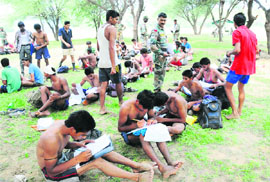 Candidates fill forms during an Army recruitment rally in Bathinda. 