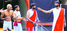 Members of the Fools’ Paradise Theatre Group enact a scene from the play “Oedipus” at the Punjab Kala Bhawan in Chandigarh on Friday.