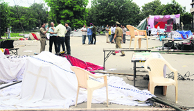 Help desks set up by the Panjab University Students Union lie dismantled after the clash on Friday.