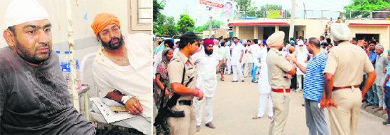 Harjot Singh and Bhupinder Singh, who were injured in the firing incident at Mauli Baidwan village, at a hospital in Mohali; and (right) police officials interact with villagers after the incident on Friday.