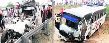 The mangled remains of the Bolero; and (right) tourist bus, which collided with each other killing three persons and injuring four near the Verka bypass in Amritsar