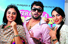 Actors Bhanu Shree Mehra, Roshan Prince and Japji Khaira during their promotional tour of the upcoming film 'Fer Mamla Gadbad Gadbad', in Bathinda on Saturday