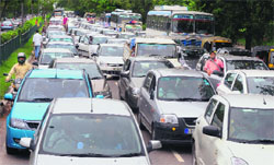 A traffic jam caused by restrictions effected during Vice-President Hamid Ansaris visit to Chandigarh on Saturday