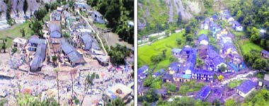 (Left) A view of Parodi village after the disaster; (right) a view of Parodi village in Thatyur block of Tehri district before the disaster