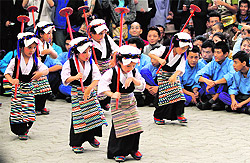 Tibetan students perform a culture programme to celebrate the Dalai Lama's 78th birthday at the Tsuglakhang temple in McLeodganj on Saturday