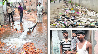 (Clockwise from above) Water containing sand and mud is being pumped out from a repaired tubewell; streets littered with garbage; and Shiv Dyal Chauhan, whose daughter died of suspected gastroenteritis at Bihari Colony in Ludhiana.