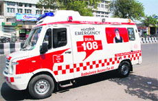 A 108 ambulance carrying a photo of Chief Minister Parkash Singh Badal plies in Bathinda. 