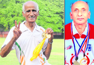(Left) Madan Lal flashes the victory sign; and (right) GS Saunkhla of Panchkula, who won medals in the National Masters Athletics Meet held in Bangalore. 