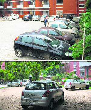 (Top) Cars parked outside Hostel No. 2; and (below) Hostel No. 6 in Panjab University