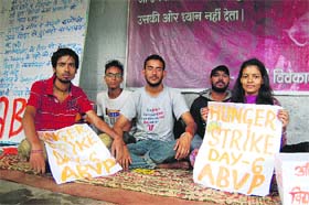 On fast track! ABVP activists sit on a chain hunger strike against RUSA at the PG College in Dharamsala on Sunday