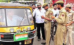 Policemen conduct searches in Jammu after an alert was sounded following serial blasts in Bodh Gaya on Sunday