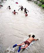 Youths swim in the Ranbir Canal in Jammu on Sunday