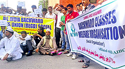 Members of the backward community protest in favour of their demands in Srinagar on Sunday