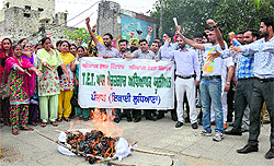 Members of the TET Pass Unemployed Teachers Union, Punjab, burn an effigy of the state government at Bharat Nagar Chowk in Ludhiana