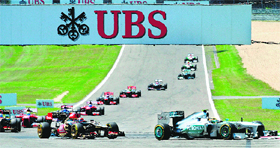 Mercedes driver Lewis Hamilton leads the pack at the start of the German Grand Prix in Nurburgring on Sunday.