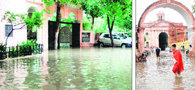 The premises of the Municipal Corporation in Town Hall, including the Mayors office, were inundated after heavy rain in Amritsar on Monday.