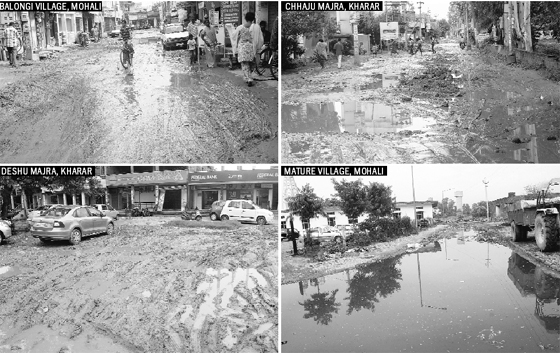 Village roads in a pathetic condition after the rain hit Mohali district on Monday.