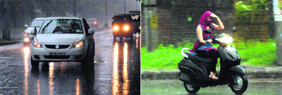A view of the Udyog Path; and (right) a girl caught unaware during showers.