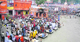 Pilgrims at Har-ki-Pauri in Haridwar on the occasion of Somwati Amavasya on Monday.