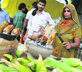 A woman sells a grilled sweetcorn as it is in great demand during the rainy season in Karnal. 