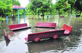 Pratap Bagh was flooded with rainwater after the showers on Monday