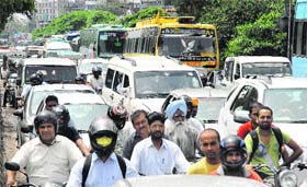 A bumper-to-bumper traffic jam at PAP chowk in Jalandhar