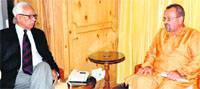 Governor NN Vohra during a meeting withPaul Beersman, president of Belgian Association for Solidarity with Jammu and Kashmir, at the Raj Bhavan on Tuesday. A Tribune Photograph