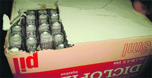 A box containing decayed medicines at Government Rajindra Hospital in Patiala. 