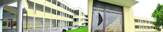 The building of a government school under construction at Rajpura Colony in Patiala; and (right) a broken windowpane of the building. 