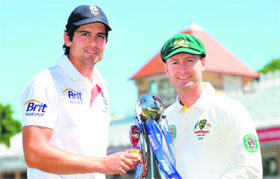 England captain Alastair Cook poses with his Australian counterpart Michael Clarke a day before Ashes series in Nottingham on Tuesday.