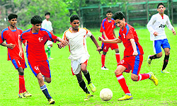 Players during a match of the ongoing Pre-Subroto Football Cup at Sector 17, in Chandigarh, on Wednesday