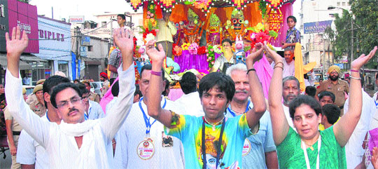  Devotees participate in the ninth annual Bhagwan Jagannath Rath Yatra taken out in Jalandhar on Wednesday. 