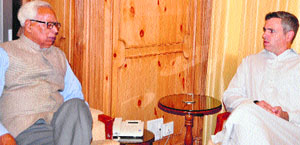 Governor NN Vohra and Chief Minister Omar Abdullah during a meeting at Raj Bhawan in Srinagar on Wednesday. 