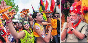Devotees participate in the Jagannath rath yatra in Ahmedabad on Wednesday; and (right) Gujarat CM Narendra Modi before performing puja to kickstart the yatra.