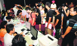 Students at a counselling centre at the Law Auditorium in PU, Chandigarh, on Thursday. 