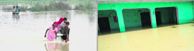 People of the Lakshar area of Haridwar district move to safer places after their villages were inundated by the Ganga waters on Thursday; (Right) Houses flooded in the Lakshar area. 