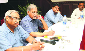 (From left) CASA programme head Jayant Kumar, director Sushant Agarwal and head of the emergency cell Nirmal Singh at a meeting of the Mountain Collective held in Dehradun on Thursday. 