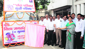 Dr Surender Kashyap (third from right), Director, Kalpana Chawla Government Medical College, flags off a 'prachar rath' on the occasion of World Population Day in Karnal on Thursday.