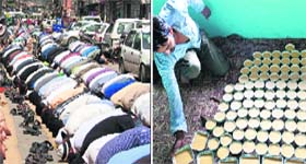 Residents offer prayers in Srinagar; (right) a shopkeeper arranges phirni for Iftaar on Thursday